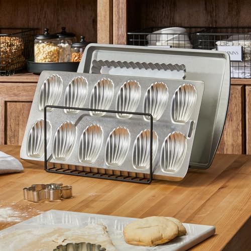 mDesign Metal Pan Organizer for Kitchen Cabinet, Counter, Pantry Shelf - 3 Slots for Baking Sheets, Muffin Pans, Cutting Boards, Frying Pans - Pan Organizer and Storage - Concerto Collection - Black - color: Black, size: 8.31 x 10.2 x 5.55