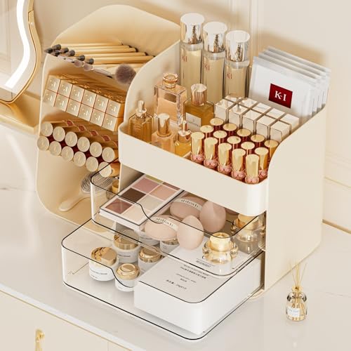 Makeup Organizer with Drawers, Large Capacity Countertop Organizer for Vanity, Bathroom and Bedroom Desk Cosmetics Organizer, Easy To Storage Skincare,Brushes, Eyeshadow,Lipstick (Cream) - color: Beige, size: Medium