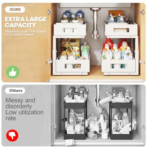 Under Sink Organizer, 2-Tier Dual Pull Out Cabinet Organizer Drawers With Smooth Circular Rail, Large Capacity Metal Mesh Sliding Shelves For Bathroom& Kitchen Storage,Height Adjustable–White,1 Pack - color: White, size: 1 Pack-15.9"Dx11.6"-16.7" H