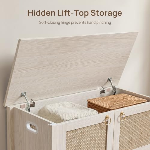 SICOTAS Rattan Shoe Rack Bench with Lift Top Storage: White Farmhouse Boho Shoe Cabinet Entryway Bench with Safety Hinges, Wooden Storage Chest for Bedroom, Entryway, Hallway, Living Room - color: White Cream Oak