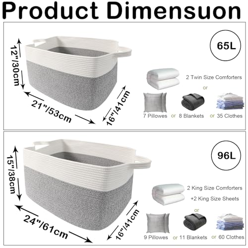 Large Blanket Basket,Woven Rope Basket Storage Bin with Handles,65L Rectangle Laundry Basket for Magazines,Toys,Clothes,Newspaper Shelf Organization,Nursery and Living Room,White&Grey - color: White & Grey, size: 21"x16"x12"(65L)