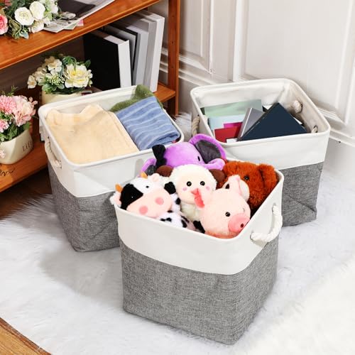 meekoo 8 Pack Collapsible Storage Bins Fabric Storage Bins Polyester Fabric Baskets with Handles Linen Closet Organizer for Shelf Home Closet Towels Toys(12 x 12 x 12 in,Gray White) - color: Gray White, size: 12 x 12 x 12 In