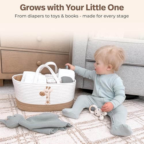 Giraffe Diaper Caddy Organizer for Baby Cotton Rope Nursery Storage Basket 17"x10.5"x7" with Removable Dividers Portable Changing Table Organizer, Car Caddy, Baby Shower Basket