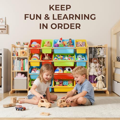 Toy Storage Organizer with Bookshelf and Stuffed Animal Storage - Playroom Organization with Shelves and 12 Bins - Living Room Box for Lego - Nursery Bedroom Decor Essentials - color: multicolored, size: 67"W,3 Shelves,16 Bins