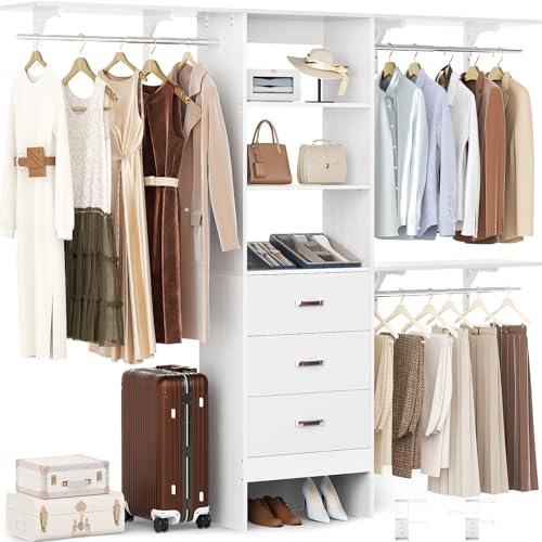 Besiost Closet System with Drawer - 8FT Wood Closet Organizer System with 3 Hanging Rods and Shelving Tower, 96" Walk In Closet Organizer Wardrobe, Heavy Duty Garment Rack Clothes Rack, White - color: White