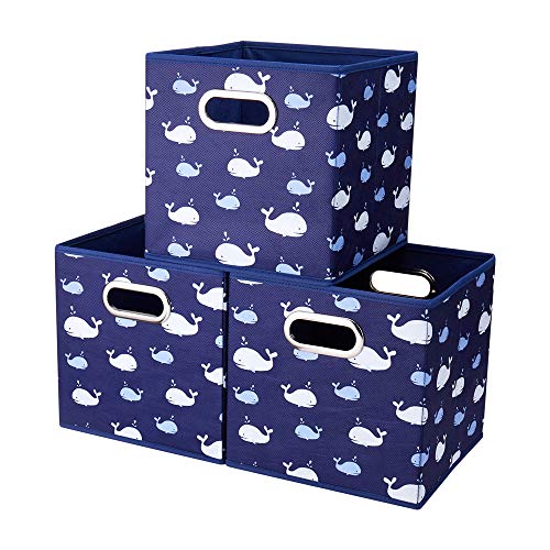 13x13x13 Inch Collapsible Storage Cubes, 3 Pack - Blue Nautical Ocean Themed with White Whale Pattern, Sturdy Cloth Cubes with Cardboard Support for Cubby Storage - color: Navy Blue-Whale