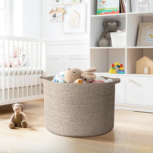 Extra Large Blanket Basket, Woven Cotton Rope Baskets for Organizing 22"x14", Kids Dog Toy Bin Box, Wicker Blanket Storage for Living Room Nursery, Big Throw Pillow Holder Organizer, Brown - color: Brown