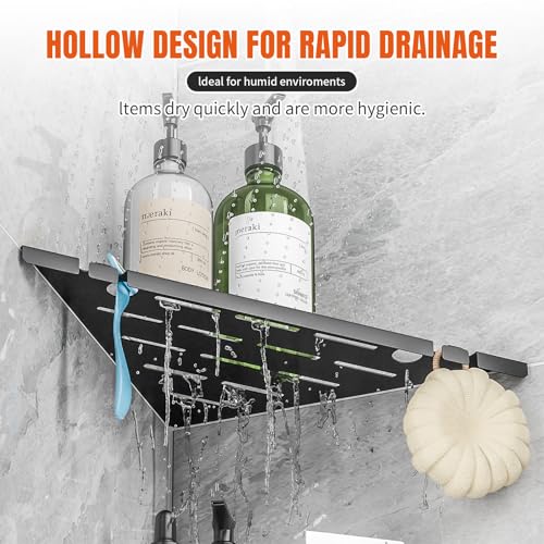 Permanent Tile-in Corner Shower Shelves with Hooks, Modern 304 Stainless Steel Shower Caddy for Bathroom Renovation & Hotel, Heavy Duty No-Drill Grout Mount Organizer for Tile Wall,10", 2 Pack - color: 2-upgraded Black