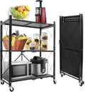 DEANIC 3 Tier Foldable Storage Shelves with Wheels, Kitchen Appliance Stand, Freestanding Metal Wire Shelf Rack, No Assembly Organizer Rolling Cart for Garage, Basement, Pantry (Black) - color: Black