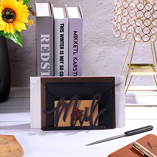 Jetec Mail Holder Cutout Metal Letter Holder Countertop Organizer Cutout Mail Lettering Design with Letter Opener for Home Office Envelope Bill Filling Paper Document Storage(Black Artistic Font)