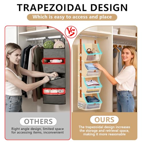 Fabric 4 Tier Hanging Closet Organizer Heavy Duty Beige Shelf Hanging Storage Towel Clothes Sweater Jeans Bag Organizer For Closet For Bedroom, Dorm, RV, See Through Front Panel, Space-Saving