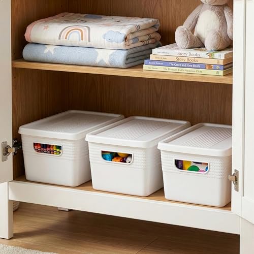 BINO | Plastic Storage Bins with Lids, 5 Liter - 3 Pack, White | THE BRAIDED COLLECTION | Plastic Bins for Organization Woven Storage Baskets for Organizing Pantry Shelf Organizer Basket Container Bin - color: White, size: 5L | 3-Pack