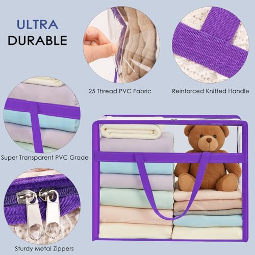 SGHUO Clear Storage Bags 60L Extra Large Plastic Vinyl Blanket Storage Bag for Clothes, Comforter, Bedding, Moving Bags with Zipper and Reinforced Handle (4pcs, Purple) - color: D-Purple