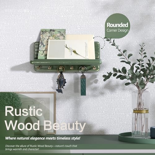 Rebee Vision Pine Wooden Key Holder Wall Mount for Home Decor – Decorative Key Holder for Wall with 6 Hooks & Floating Shelf – Rustic Organizer for Room Decor Aesthetic (Green) - color: Green, size: Medium-11inch