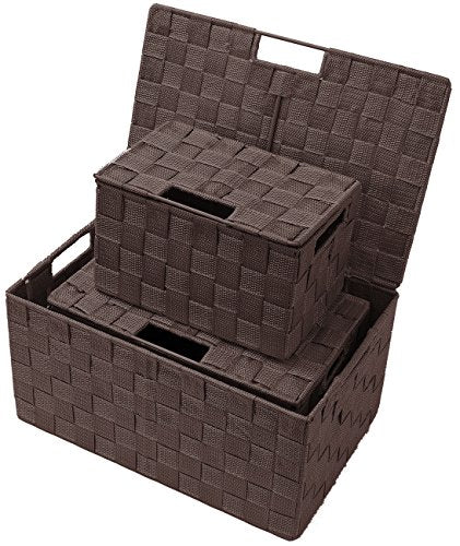 Sorbus Set of 3 Hand-Woven Storage Baskets with Lids – Decorative Wicker Organizers for Home, Closet, or Shelves (Choclate) - color: Chocolate