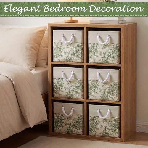 LemonRoad 6 Pcs Sage Green Cube Storage Bins 11.22 Inch Square Storage Basket with Handle Preppy Girl Organizer Basket Collapsible Fabric Box for Classroom Bedroom Office Home Decoration Gift - color: Sage Green, size: 11.22 Inch, style: Floral