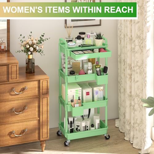 Goovilla 4 Tier Rolling Utility Cart Organizer with Removable Drawer, Stable and Sturdy Green Rolling Storage Carts with 2 Lockable Wheels for Bathroom, Kitchen, Snack, Craft, Makeup, Baby Essentials - size: 4 Tier, style: Green