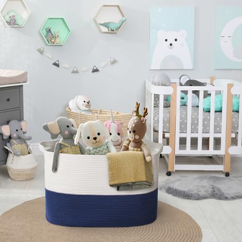 MEGASKET 108L Super Large Blanket Basket, 25" x 16" x 16" Jumbo Rectangle Basket for Blankets Living Room, Woven Cotton Rope Pillow Holder Organizer, Oversized Kids Dog Toy Storage Bin Box, Dark Blue - color: White & Dark Blue, size: 25"x16"x16"