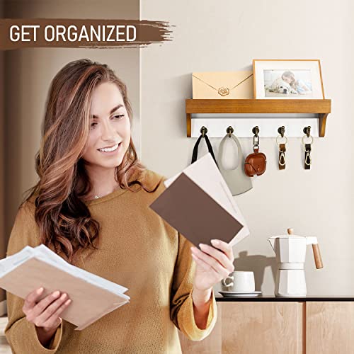 Rebee Vision Key and Mail Holder for Wall with Floating Shelf : 14 Inches Decorative Hanging Organizer with 5 Sturdy Keys Hooks and Wall Mount Key Rack - Farmhouse Entryway Decor (Light Brown & White) - color: Yellow&White