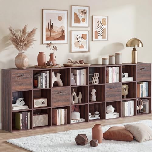 2 Pack 12 Cube Storage Organizer, Walnut Bookcase, Wooden Bookshelf with 2 Fabric Drawers, Freestanding Home Organizer Shelf Set, 3 Tier Book Shelf for Bedroom Living Room Office Library - color: Walnut, size: 12 Cube (2PC)