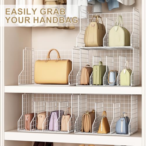 Sonyabecca Purse Storage Organizer for Closet : Adjustable 2-Pack Dividers Handbag Organizer - Stackable Wire Handbags Storage Baskets -Open Cabinets Wallets Tote Chain Bags Clutches -White - size: 2-pack large