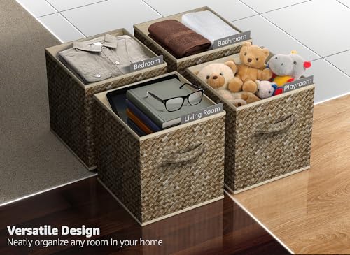 Sorbus Foldable Storage Bins - 11 Inch Sturdy Collapsible Fabric Storage Cubes with Handle - 4 Baskets for Organizing Clothes & Toys - Organization & Storage Baskets for Shelves, Pantry, Closet, Cubby - color: Woven Beige