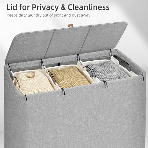 STORAGE MANIAC Triple Laundry Hamper with Lid, 180L Tall Metal Frame Laundry Baskets with Removeable Bag, Large Clothes Hamper with PU Tag, Laundry Bin for Dorm, Collage, Bathroom, Bedroom, Gray - size: 3 Section
