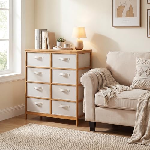 LOKO Fabric Dresser with 8 Drawers, Bamboo Storage Tower with Foldable Drawers & Top Shelf, Modern Chest of Drawers, Tall Vertical Organizer Unit for Closet, Living Room, Bedroom, Hallway - size: 16"D x 31.5"W x 37"H (8 Drawers)
