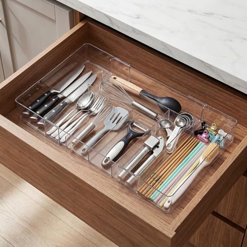 Briwooody 2 Pcs Large Expandable Acrylic Drawer Organizers, Grid Adjustable Drawer, Dividers Organizer for Desk, Makeup, Jewelry, Office, Kitchen Supplies (Clear,8 Compartments) - color: Clear, size: 8 Compartments