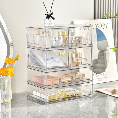 Stebopum 6 Pack Stackable Storage Drawers Clear Acrylic Organizer Makeup Bathroom Organizer and Storage Bins for Beauty Supplies,Ideal for Vanity, Bathroom,Pantry Organization - style: 4 Small+2 Wide