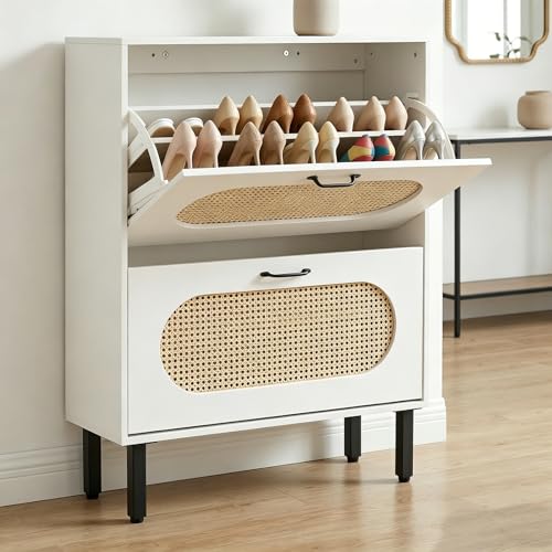 SUNCROWN 2 Flip Drawers Shoe Storage Cabinet, Freestanding Narrow Entryway Organizer, Natural Semi-Circular Rattan Doors, Adjustable Shelves & Anti-Tip Kit, White - color: White, size: Style A