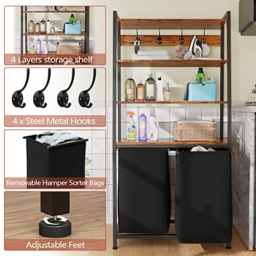 Furnulem 4 Tiers Laundry Hamper with Shelf and Hooks, Tall Laundry Basket Sorter with 2 Removable Bags, Double Clothes Hampers Organizers for Bathroom Bedroom - size: 2-Bag Laundry Hamper