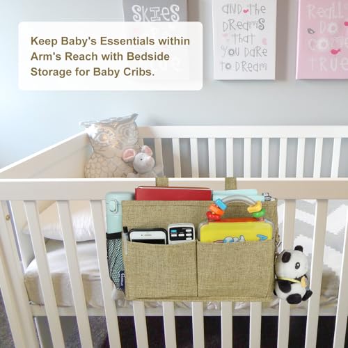 Surblue Bedside Caddy Hanging Bed Organizer Storage Bag Pocket for Bunk and Hospital Beds, College Dorm Rooms Baby Bed Rails, Camp 4 Pockets and 2 Hooks (Small,Linen) - color: Linen, size: Small