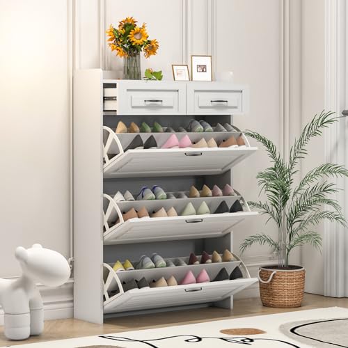 Lakifun Narrow Shoe Organizer Cabinet with 3 Large Flip Drawers & 2 Storage Drawers - Slim Shoe Storage for Entryway, Hallway, Bedroom, Apartment, White - color: Lvory White