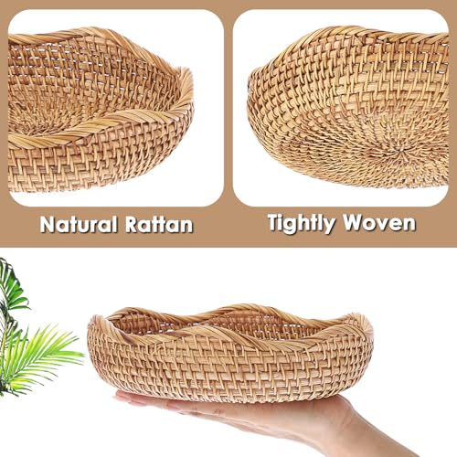 Hipiwe Natural Rattan Tray 8.5" Wicker Storage Bowls Hand Woven Basket Tray for Bread Fruit Key Round Fruit Baskets for Kitchen Entryway Tabletop Decorative Baskets Bowl - color: Natural Color, size: Small,8.5"