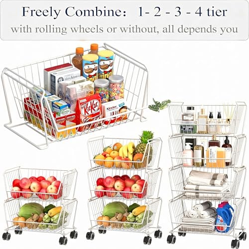PUSDON 6-Tier Tall Stackable Wire Storage Baskets with Wheels, Vertical Metal Rolling Utility Cart, High Capacity Produce Basket for Kitchen Pantry, Snack Organizer, Classic White - color: White, size: 6 Tier Standard