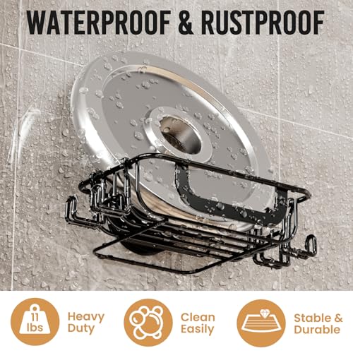 LEVERLOC Soap Holder Shower with Hooks, Bar Suction Cup Soap Dish Tray for Wall, Rust-Proof Stainless Steel Sponge Caddy for Bathroom Accessories Organizer Bathtub Kitchen Sink, Black - style: 1 tier Black