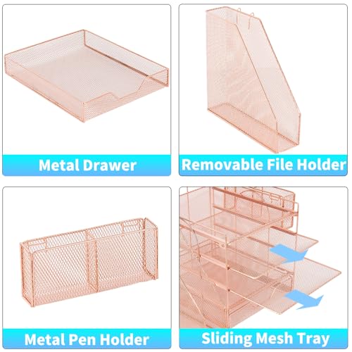 Desk Organizer, 5-Tier Paper Letter Tray Organizer with File Holder, Drawer and Pen Holder, Desktop Organizer for Office Supplies, Rose Gold - color: Rose Gold