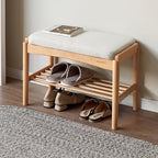 Solid Wood Shoe Bench Assembled, Shoe Rack Bench with Cushion for Entryway, Living Room, Bedroom, Hallway, 11.8" x 23.6" x 16.5", Natural - color: Natural + Light Gray, size: 23.62"
