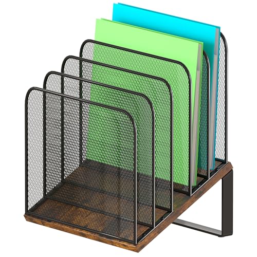 Piskyet Wooden Desk File Organizer, 5-Section Vertical File Folder Holder Stand,Metal Mail Paper Chromebook Organizer for Teacher Desk Office Classroom Desktop Organization（Inclined） - size: 5-Section Inclined