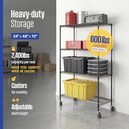 SafeRacks - NSF Certified Storage Shelves, Zinc, Heavy Duty Steel Wire Unit with Wheels and Adjustable Feet, Garage or Bakers Rack, Kitchen, Pantry Shelf - (24"x48"x72" 4-Tier) (Black) - color: Black, size: 24"x48"x72" 4-Tier