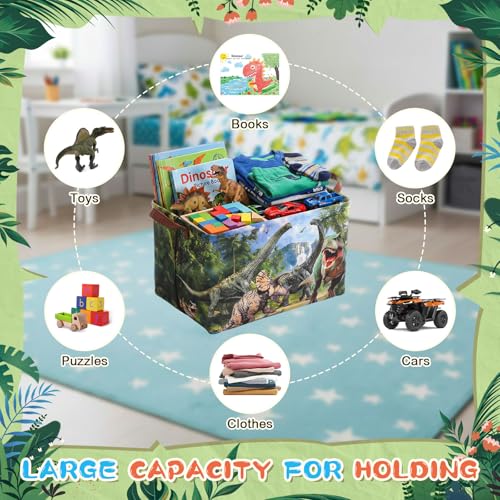 Capoda Dinosaur Toy Box Chest with Leather Handle - Collapsible Sturdy Dinosaur Toy Chest Basket, Rectangular Dino Storage Organizer Box Bin for Playroom, Bedroom, Nursery, Living Room (Forest,1 Pack)