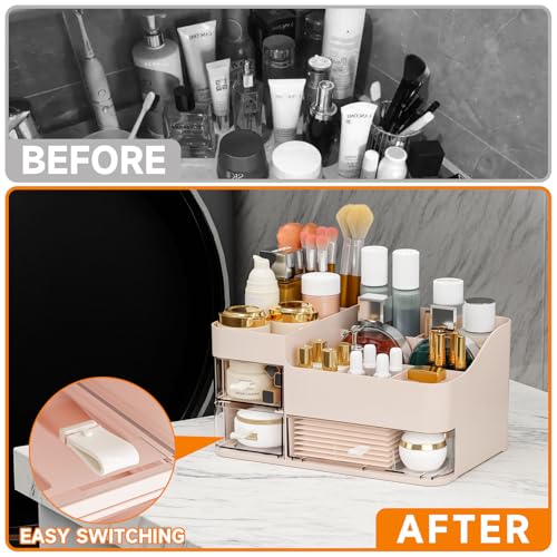 SuoXing Pink Makeup Organizer for Vanity,Large Plastic Skincare Organizers With Drawers,Bathroom Counter Organizer Cosmetic Storage for Dresser Top Skin Care,Lotion,Beauty Products and Brush Holder - color: Pink