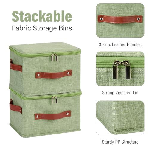 Storage Bin Box with Zippered Lid Cotton Linen Fabric Decorative Basket PU Leather Handles PP Plastic Board Foldable Lidded Clothing Shelf Closet Organizer Container (Light Green, Small) - color: Light Green, size: Small ( Pack of 1 )