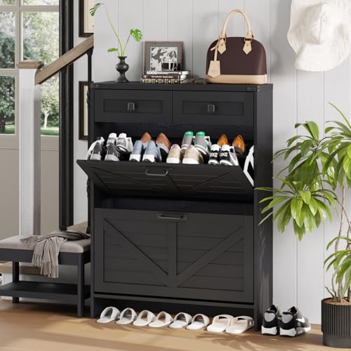 Halitaa Shoe Cabinet with 2 Flip Drawers & 2 Drawers,Farmhouse Shoe Storage Cabinet for Entryway,Slim Freestanding Narrow Organizer Rack for Front Door Entrance,Black - color: Black, style: 2-Drawers