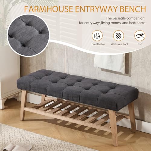Farmhouse Storage Entryway Bench with Shoe Shelf, Linen Fabric Upholstered 2 Tier Button Tufted Bench with Wooden Frame for End of Bed/Hallway/Reception/Living Room, Charcoal - color: Charcoal