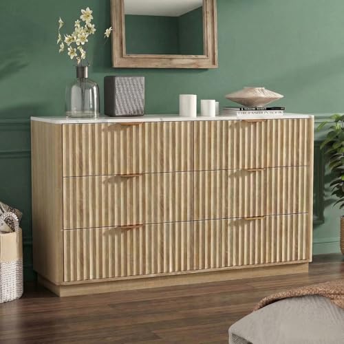 VOWNER Fluted 6 Drawers Dresser for Bedroom, 54" Wide Modern Chest of Drawers with Metal Handle, Closet Clothes Storage Organizer, Wood Dresser TV Stand for Living Room, Closet, Hallway, Entryway - color: Oak & Marble