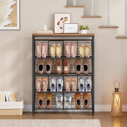 HOOBRO Shoe Rack, 5-Tier Narrow Slanted Shoe Storage Shelf, Slim Shoe Organizer for Front Door Entrance, Garage, Entryway, Holds up to 12-16 Pairs of Shoes, Rustic Brown and Black BF20XJ01