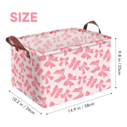 Pink Bow Storage Basket Waterproof Canvas Toy Storage Bin Bow Room Decor Collapsible Outdoor Basket with Leather Handles Coquette Room Decor Blanket Baskets For Closets,Bedrooms,Gifts Baskets - color: Pink Bow
