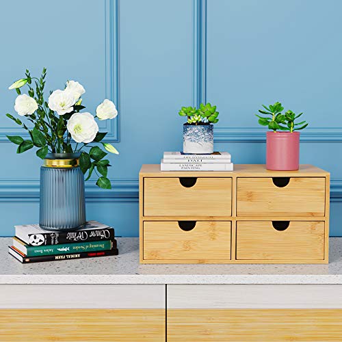 Wisuce Bamboo Desk Drawer Organizer, Desktop Organizer with Drawers Tabletop Storage Organization Box for Office Home Toiletries Supplies Vanity, No Assembly Required(4 Drawes) - style: 4 Drawes